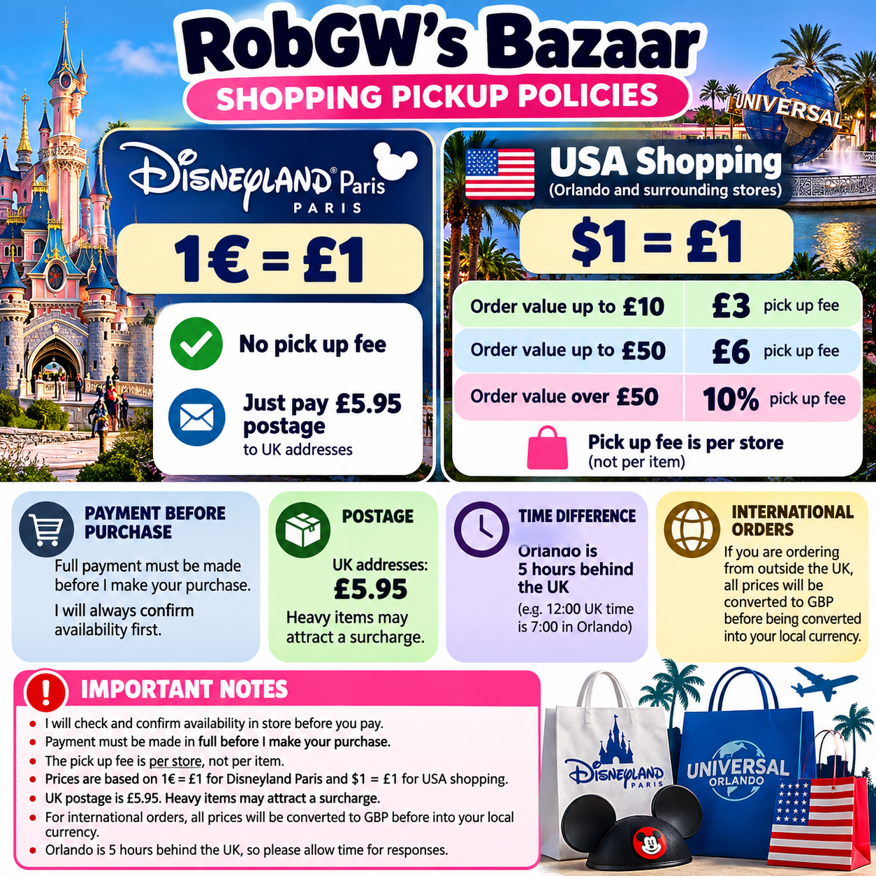 RobGW's shopping pickup policies: Disneyland Paris €1 equals £1 with no pickup fee; USA $1 equals £1 with per-store pickup fees; £5.95 UK postage, full payment before purchase, heavy-item surcharges and international currency conversion.